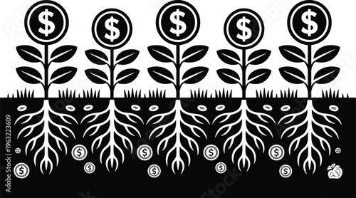 black and white, plants, dollar coins, growing, roots, soil, grass, money, finance, economy, growth, investment, black, white, dollar, coins, sc Black and white of dollar coins growing on plants roots