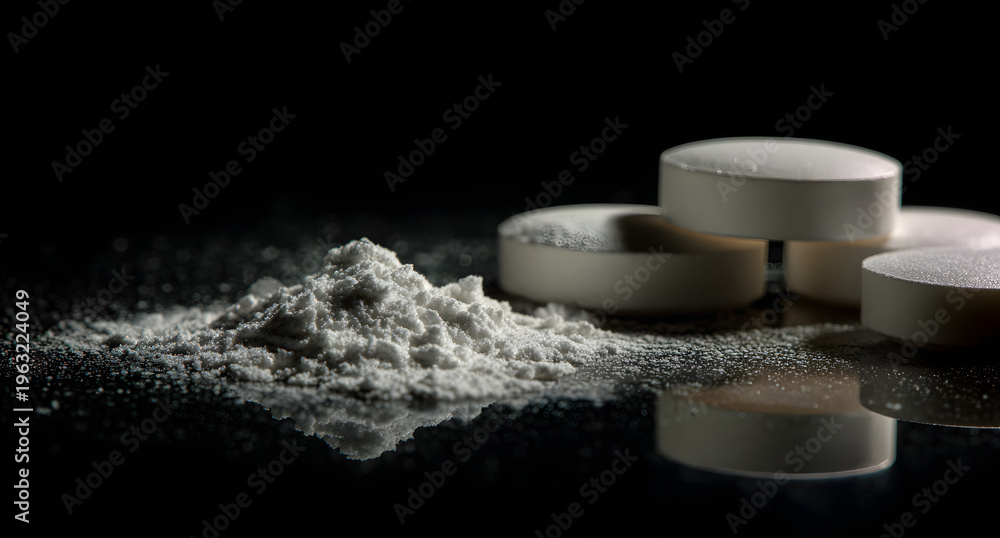 Fototapeta premium The addiction theme is shown in a close up image of powdered fentanyl and white tablets on a shiny reflective background.