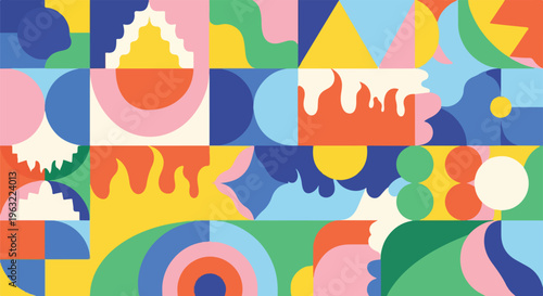 Colorful, geometric abstract artwork with shapes and various colors