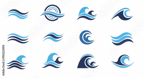 Collection of various wave logos in shades of blue