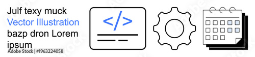 Web development, programming, workflow planning, settings setup, project management, scheduling. coding symbol, gear icon and calendar. Web development and workflow planning concept