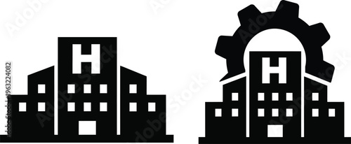 Hospital building and medical facility management gear icon set. Healthcare administration symbols.