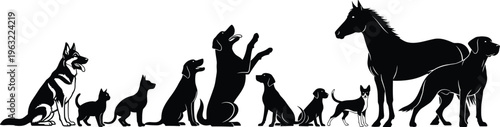 Large collection of black domestic animal silhouettes including various dog breeds a cat and a horse isolated on white background for veterinary vector design