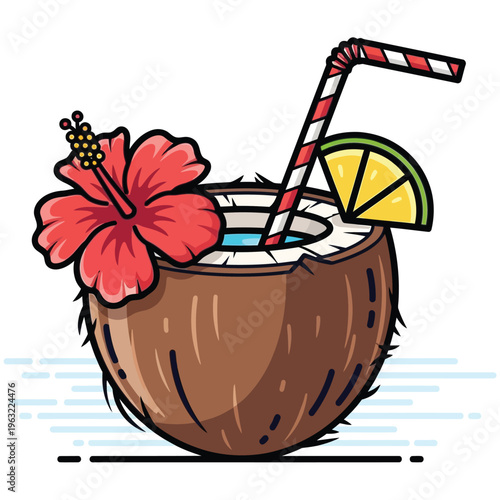 Colorful vector graphic illustration of a coconut cocktail with a straw and a slice of lemon and a pink hibiscus flower on top for a tropical drink design