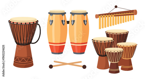 African musical instruments on white background