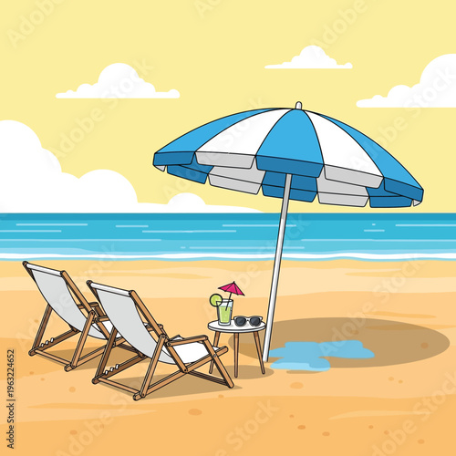 Two comfortable deck chairs under a blue and white beach umbrella with a refreshing drink on a small table by the serene ocean