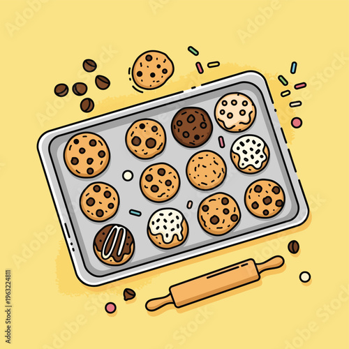 Assorted cookies on a baking sheet with rolling pin and ingredients