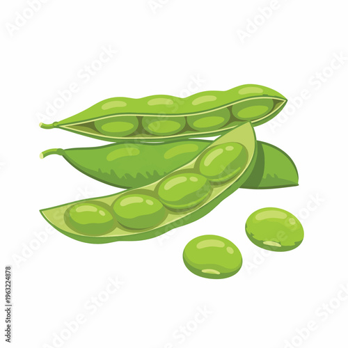 Green peas in pods with leaves on white background
