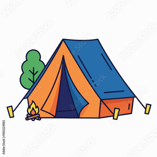 Colorful illustrated camping scene depicts a tent with a campfire near a tree