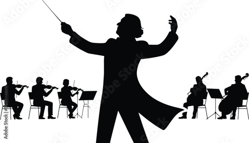 conductor, orchestra, musicians, violins, cello, music, performance, silhouettes, white background, classical music, symphony, mu Conductor leading orchestra with musicians playing violins and cello 1