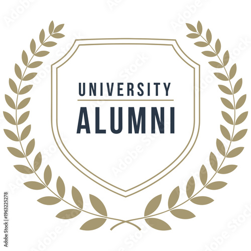 University alumni crest with laurel wreath and shield design
