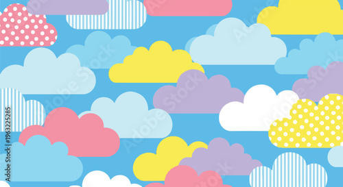 Colorful illustrated clouds of various shapes float in a blue sky