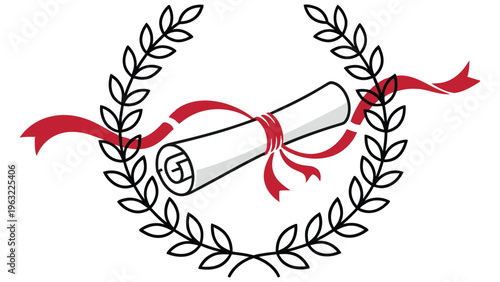 Vector graphic illustration of a diploma scroll tied with red ribbon surrounded by laurel wreath design elements symbolizing academic achievement and success in education