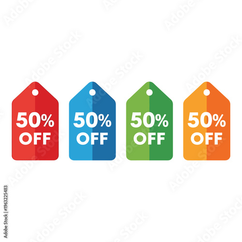 Four colorful discount tags with fifty percent off text