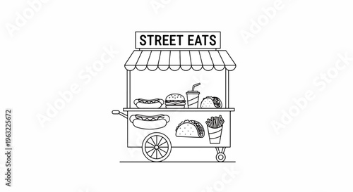 Street food cart with awning and various food items on display