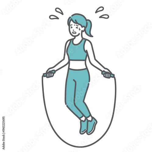 辛そうに縄跳び（有酸素運動）をする汗だくの女性のイラスト