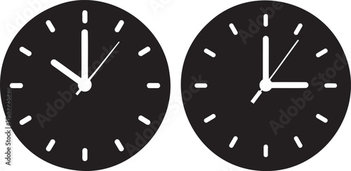 Two black analog clocks showing different times on white background, graphic icons, clean design, symbolizing time management and scheduling, Analog Clock
