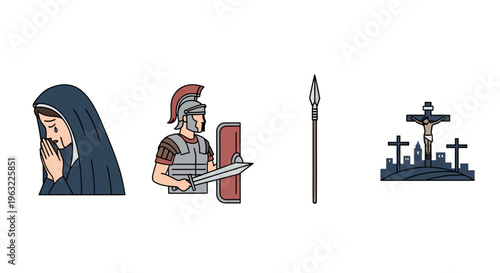 Biblical crucifixion scene with roman soldier and virgin mary praying for christianity history