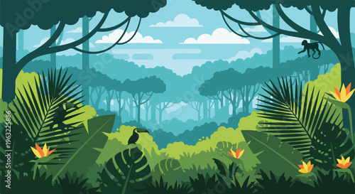 Colorful illustrated jungle landscape with toucans, monkey, flowers, and lush green foliage