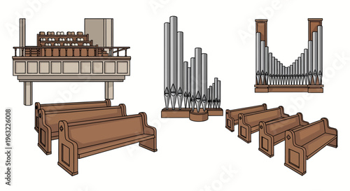 church pews and pipe organ illustration for religious or worship setting design