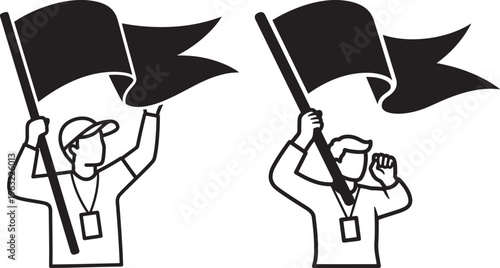 Two people holding black flags with Line Art with White Background