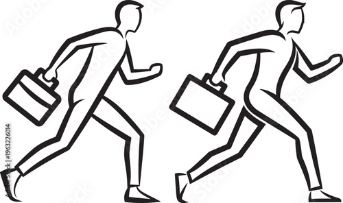 Two businessmen running with briefcases, stylized outline illustration, representing speed and urgency in business