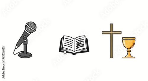 church worship icons set with microphone holy book cross and chalice for religious service