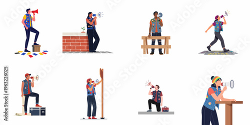 Photos Diverse group of activists speaking through megaphones, wearing denim vests with patches, advocating for social justice and various causes