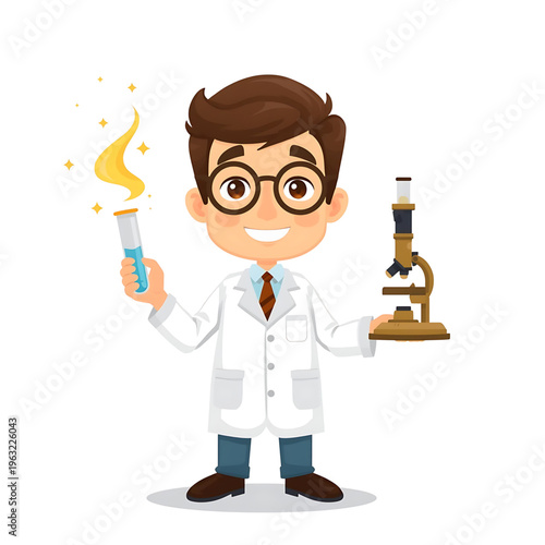 Cute Scientist Mascot Character Holding Test Tube Laboratory Vector Illustration