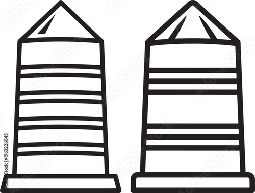 Black and white outline icons of two classic lighthouse designs, simple vector graphics for navigation or coastal themes