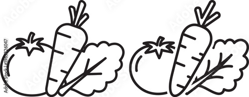 Outline icons of fresh vegetables: tomato, carrot, and lettuce. Simple line art for healthy eating, grocery, or culinary concepts