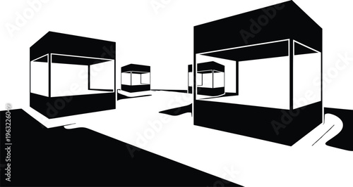 black and white, buildings, awnings, small structures, simple architecture, minimalist, monochromatic, shadows, white background, geometric shapes Black and white of three small buildings with awnings