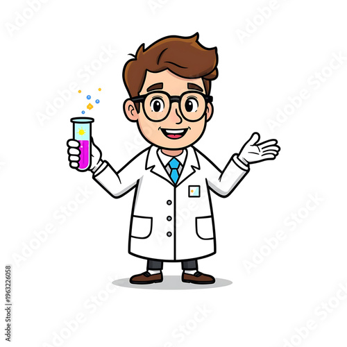 Cute Scientist Mascot Character Holding Test Tube Laboratory Vector Illustration