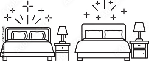 Outline icons of two hotel beds with nightstands and lamps, sparkling stars indicate a clean, comfortable, or inviting room