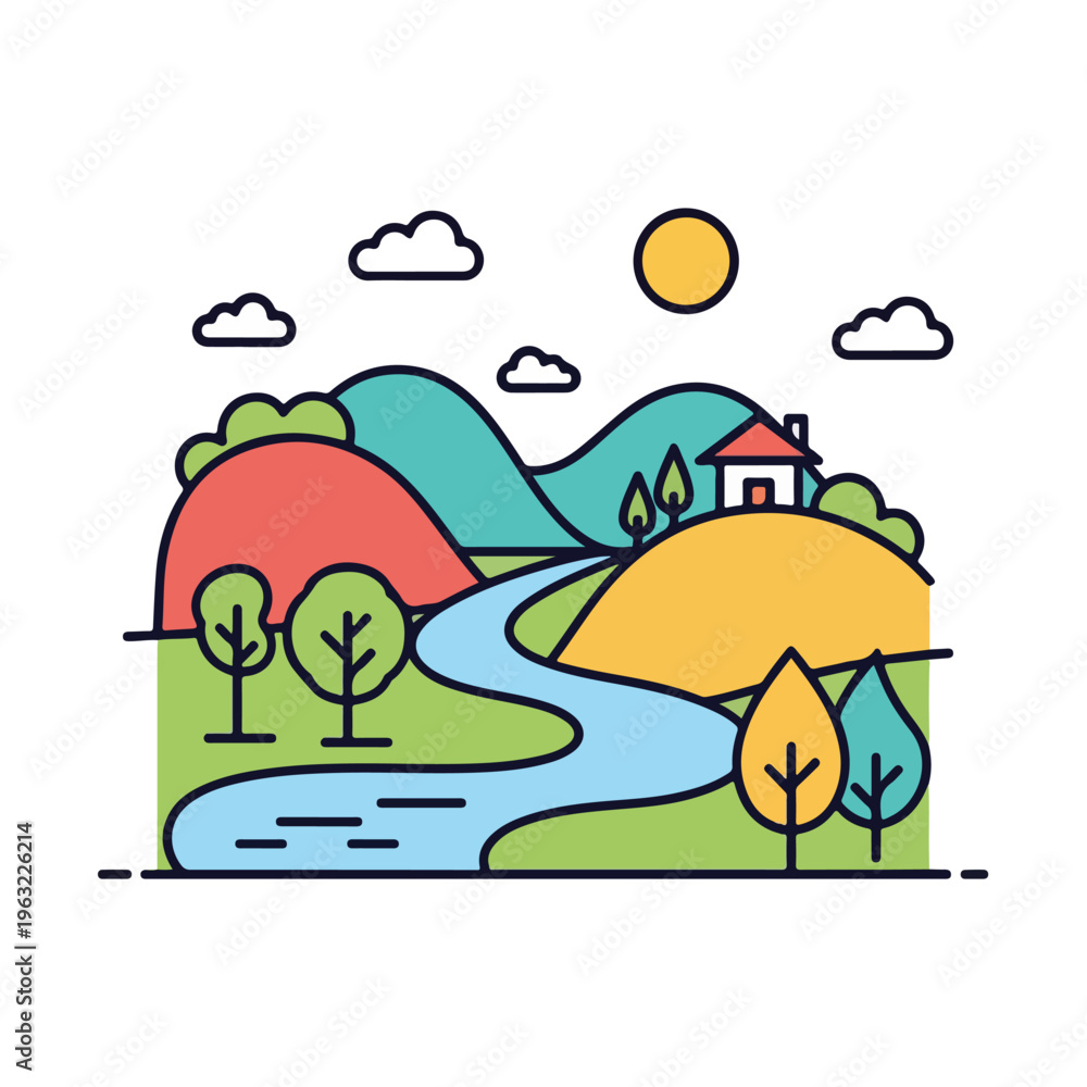 Naklejka premium Colorful illustrated landscape featuring rolling hills, a river, and a house