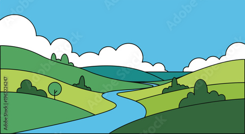 Colorful illustrated landscape featuring rolling hills and a winding river