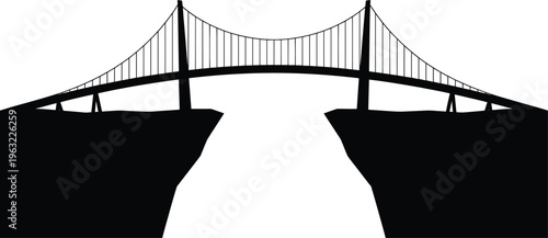 bridge, suspension bridge, gorge, cliff, silhouette, black, white background, cables, bridge structure, rocky gorge, landscape, architecture, Black silhouette of suspension bridge over gorge cliff