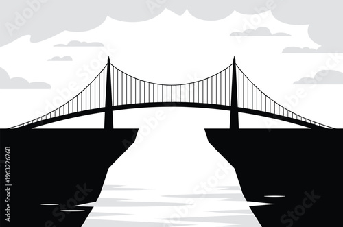 bridge, suspension bridge, silhouette, black, water, cliffs, clouds, gray sky, river, canyon, landscape, suspension, over, spanning, between, against, Black silhouette of suspension bridge over water
