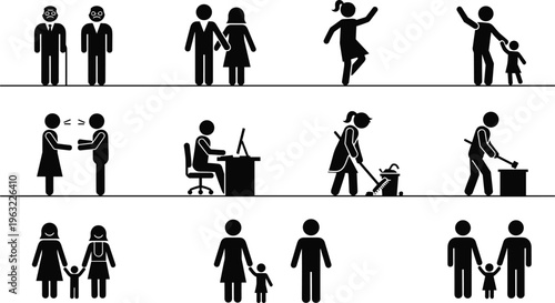 People stick figure icon set depicting various daily life activities family relationships office work housework and social interactions isolated on a white background