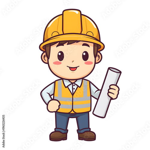 Cute Construction Worker Mascot Character Wearing Helmet Builder Vector Illustration