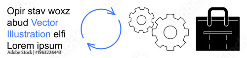 Workflow management, productivity, business operations, automation, teamwork, digital solutions. Circular arrows, gears and a briefcase. Workflow management and productivity symbol