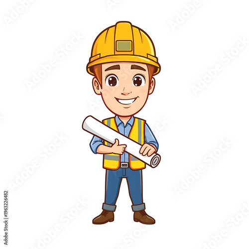 Cute Construction Worker Mascot Character Wearing Helmet Builder Vector Illustration
