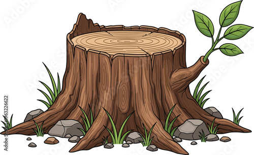 Tree stump vector illustration with growth showing young green leaves sprout from aged textured wood bark in a natural forest ground with rocks and grass.