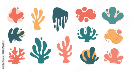 Coral reef marine life shapes in pastel colors on white background