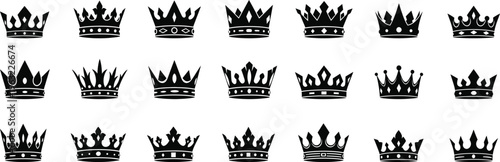 Collection of 20 identical black crown logos on white background