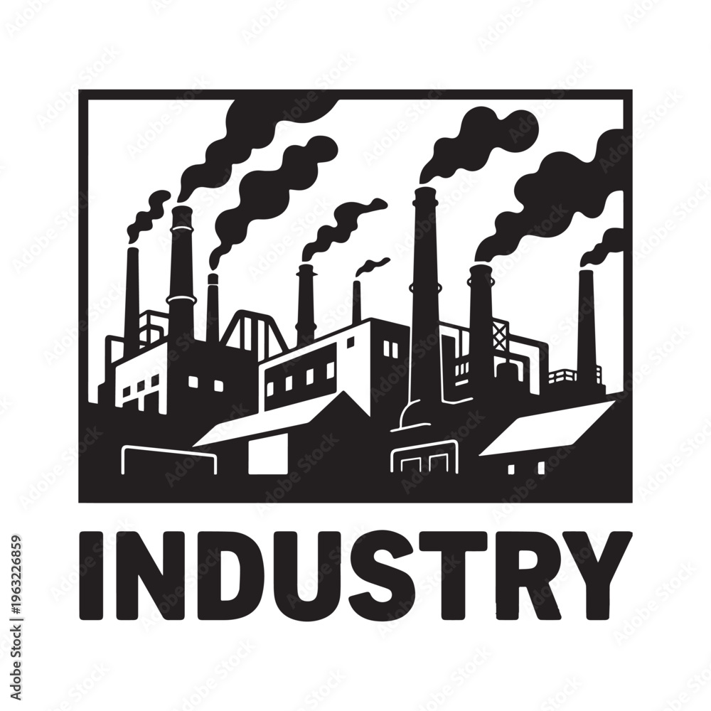 Fototapeta premium Black Silhouette Industrial Factory Building Illustration With Smoking Chimneys And Bold Text.