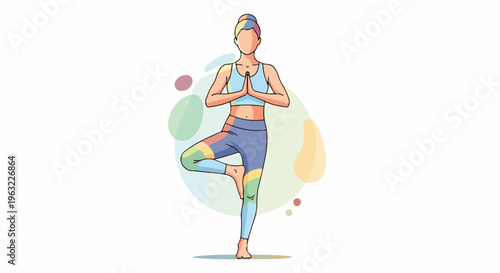 Colorful illustrated person in tree pose surrounded by artistic splashes