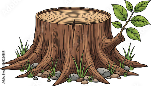 Old weathered tree stump vector illustration featuring fresh green leaves growing from a side branch on a natural forest floor with rocks and grass.