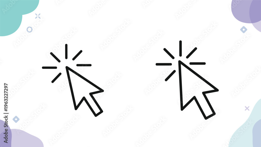 Fototapeta premium Two black mouse cursor arrow icons positioned side by side on a clean white background with abstract decorative shapes.