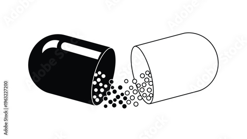 Black and white illustration of an open medical capsule pill revealing numerous small spherical granules inside.
